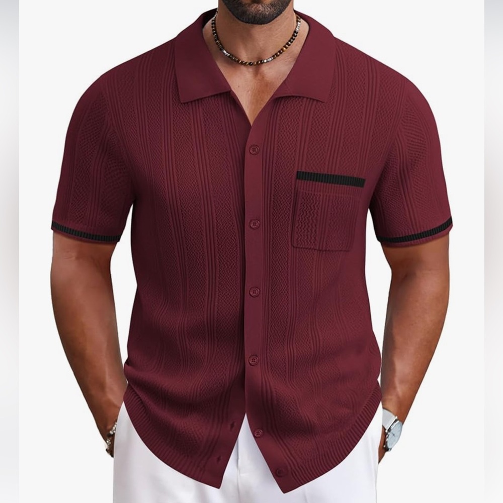 Casual Burgundy Button Down Short Sleeve Shirt